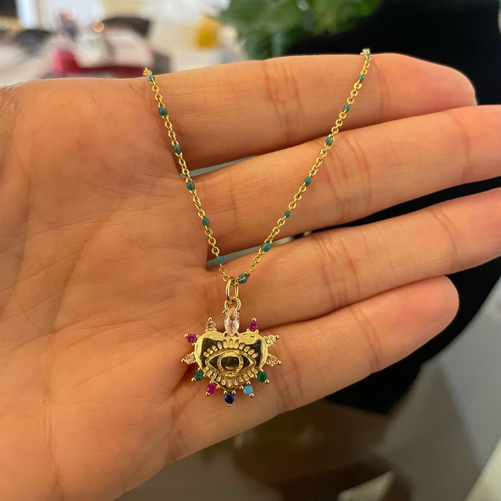 Gold Filled Beaded Chain with Heart Eye Pendant CZ